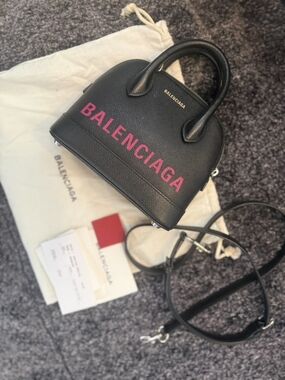 Balenciaga Black Leather Mini Top-Handle Bag with Pink Logo